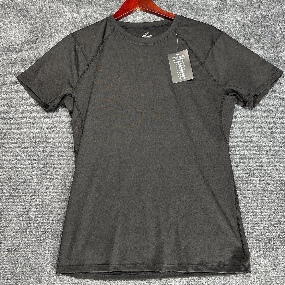 NikSa Tee Shirt Mens Medium Black Stretch Short Sleeve Crew Neck Pullover NEW